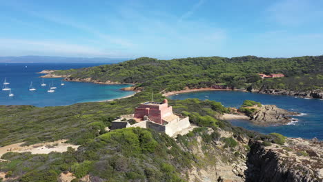 Porquerolles-military-fortress-Langoustier-beach-aerial-shot-sunny-day
